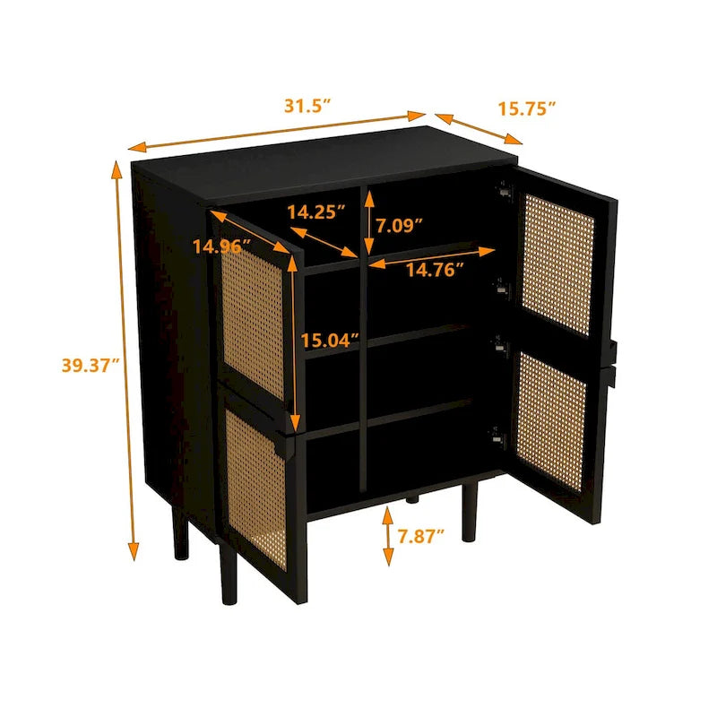 Armario de Almacenamiento de 4 Puertas con Malla de Ratán y 8 Estantes, Color Madera / Negro