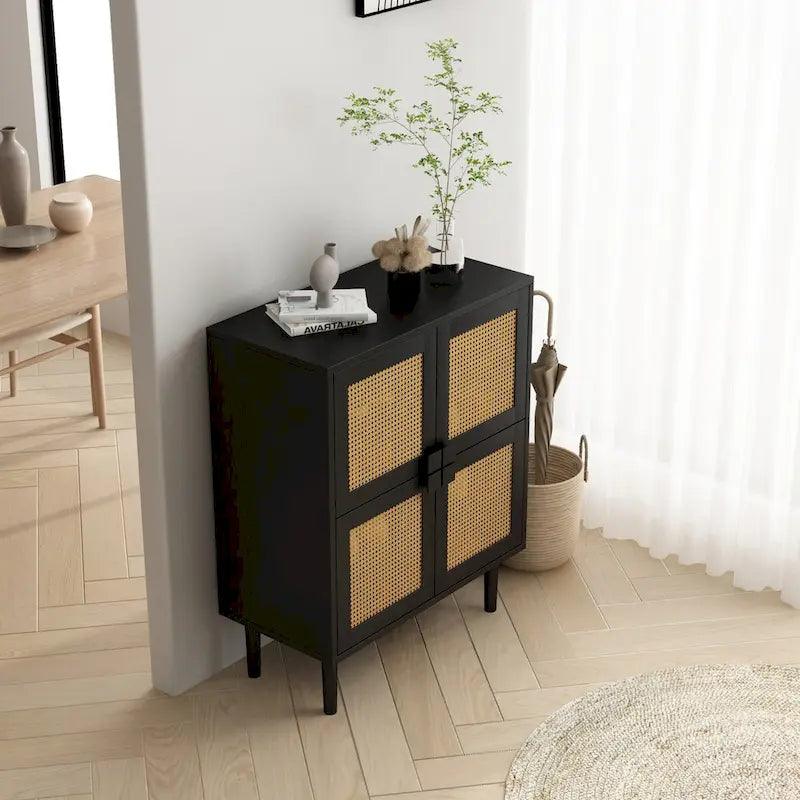 Armario de Almacenamiento de 4 Puertas con Malla de Ratán y 8 Estantes, Color Madera / Negro