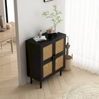 Armario de Almacenamiento de 4 Puertas con Malla de Ratán y 8 Estantes, Color Madera / Negro