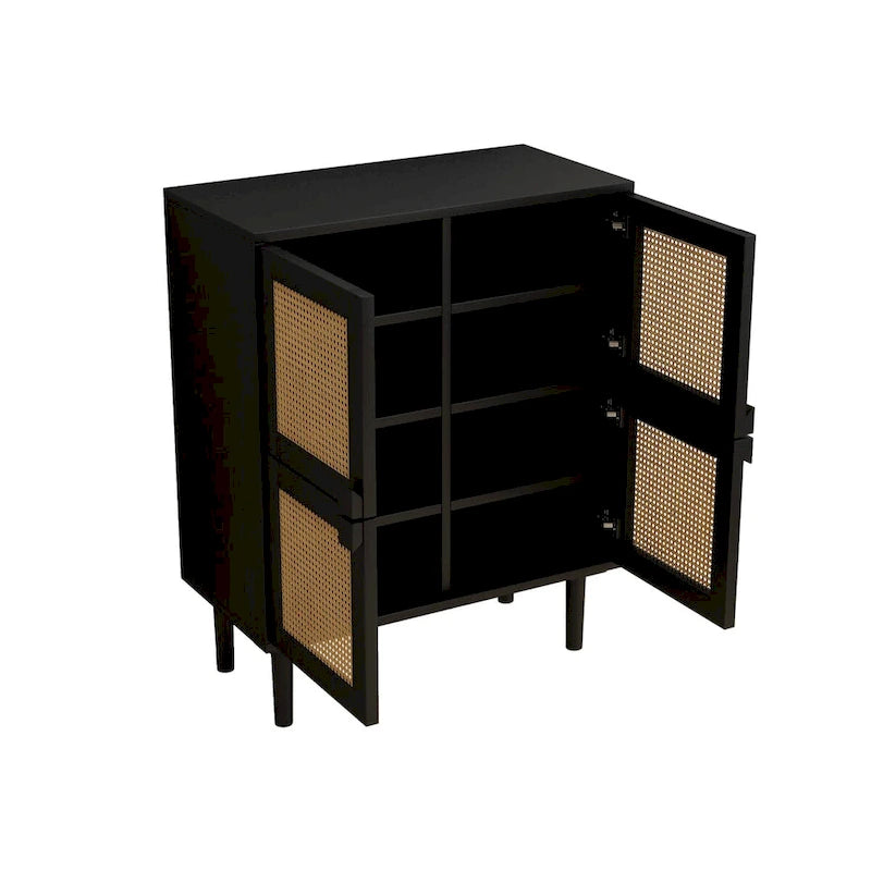 Armario de Almacenamiento de 4 Puertas con Malla de Ratán y 8 Estantes, Color Madera / Negro