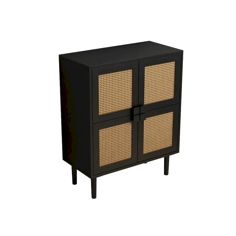 Armario de Almacenamiento de 4 Puertas con Malla de Ratán y 8 Estantes, Color Madera / Negro