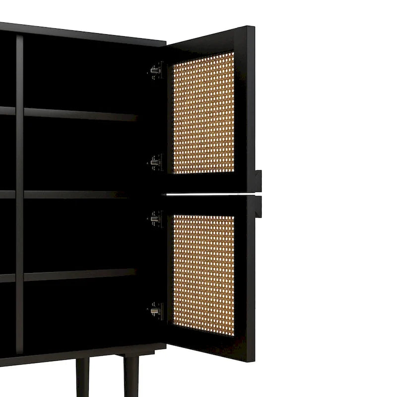 Armario de Almacenamiento de 4 Puertas con Malla de Ratán y 8 Estantes, Color Madera / Negro