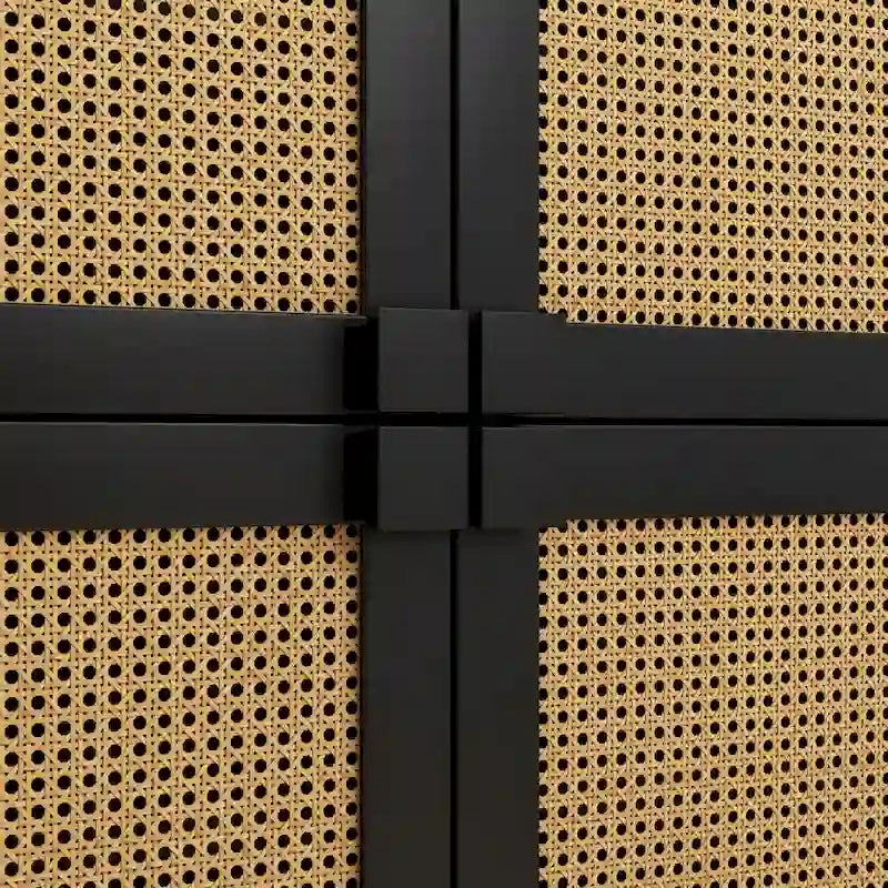 Armario de Almacenamiento de 4 Puertas con Malla de Ratán y 8 Estantes, Color Madera / Negro