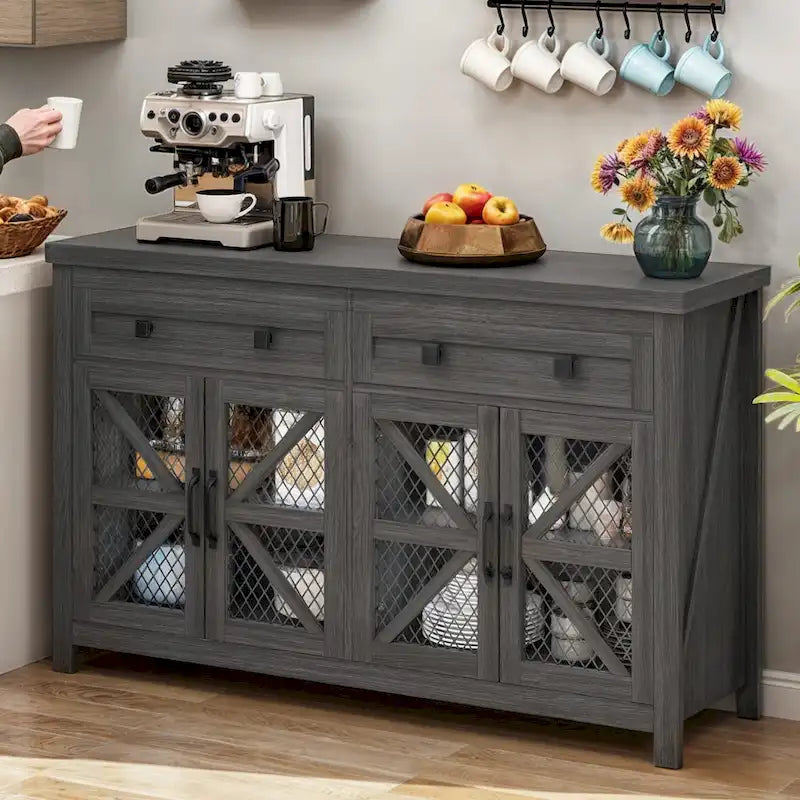 Aparador/Bandeja de aparador de granja de 55" en blanco/marrón/gris con almacenamiento, ensamblaje para 1 persona