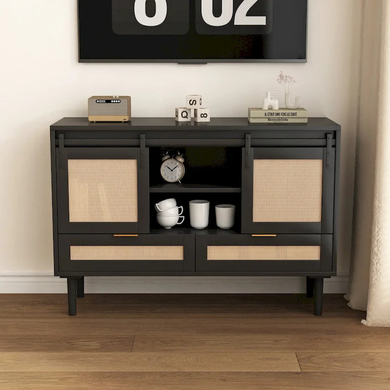 Mueble de TV y Almacenamiento con Puerta Corredera Tipo Granero, Color Madera / Negro, Requiere Montaje por 2 Personas, Para TV de hasta 43"
