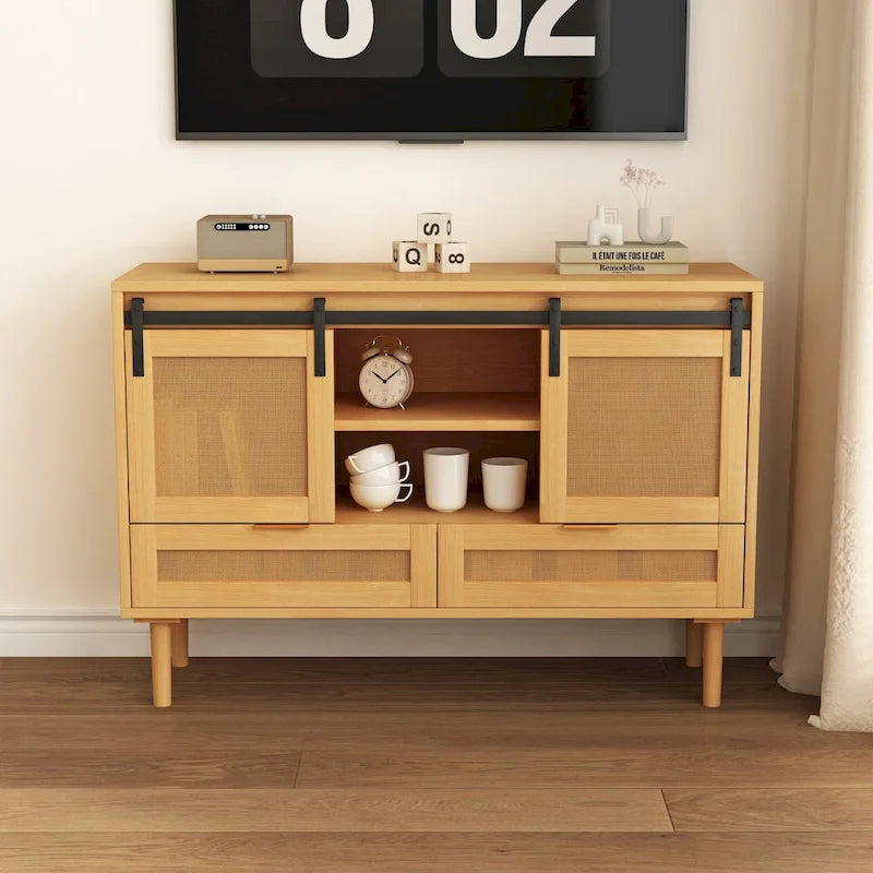 Mueble de TV y Almacenamiento con Puerta Corredera Tipo Granero, Color Madera / Negro, Requiere Montaje por 2 Personas, Para TV de hasta 43"