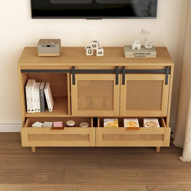 Mueble de TV y Almacenamiento con Puerta Corredera Tipo Granero, Color Madera / Negro, Requiere Montaje por 2 Personas, Para TV de hasta 43"