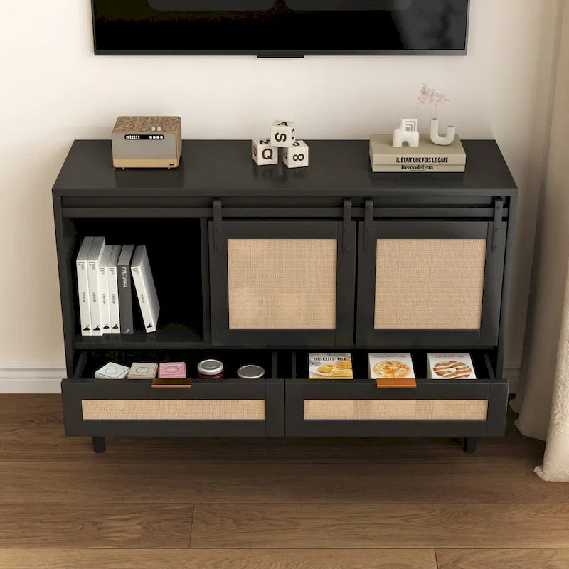Mueble de TV y Almacenamiento con Puerta Corredera Tipo Granero, Color Madera / Negro, Requiere Montaje por 2 Personas, Para TV de hasta 43"