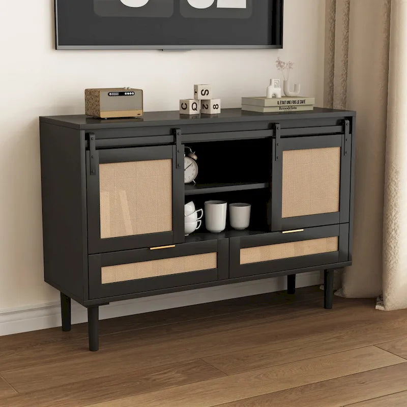 Mueble de TV y Almacenamiento con Puerta Corredera Tipo Granero, Color Madera / Negro, Requiere Montaje por 2 Personas, Para TV de hasta 43"