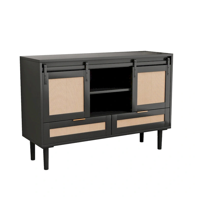 Mueble de TV y Almacenamiento con Puerta Corredera Tipo Granero, Color Madera / Negro, Requiere Montaje por 2 Personas, Para TV de hasta 43"