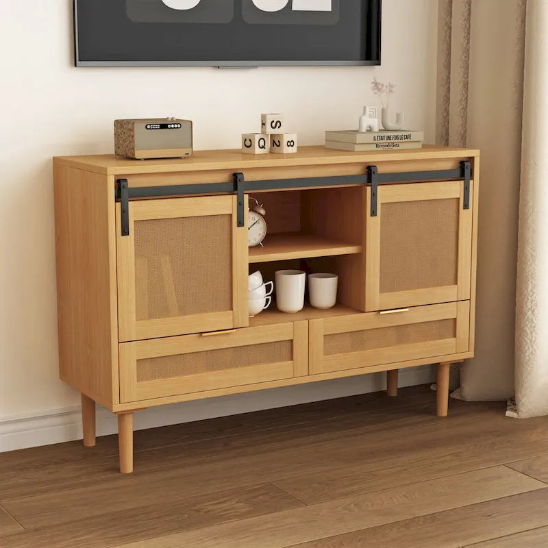 Mueble de TV y Almacenamiento con Puerta Corredera Tipo Granero, Color Madera / Negro, Requiere Montaje por 2 Personas, Para TV de hasta 43"