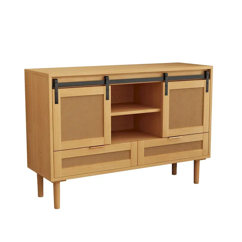 Mueble de TV y Almacenamiento con Puerta Corredera Tipo Granero, Color Madera / Negro, Requiere Montaje por 2 Personas, Para TV de hasta 43"