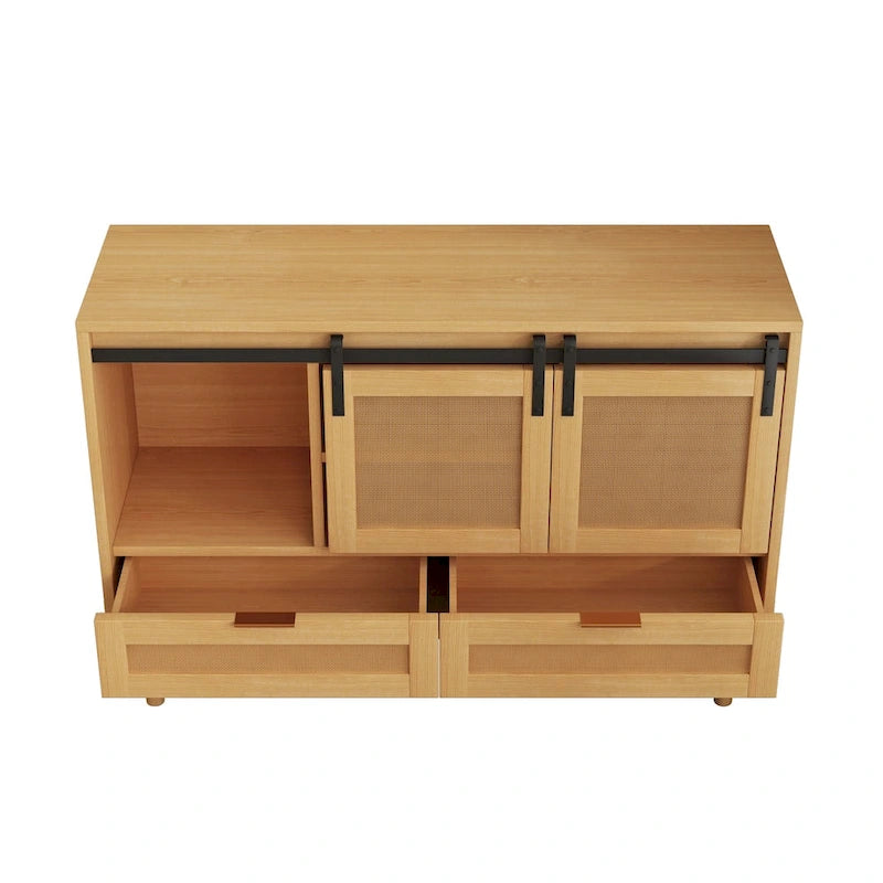 Mueble de TV y Almacenamiento con Puerta Corredera Tipo Granero, Color Madera / Negro, Requiere Montaje por 2 Personas, Para TV de hasta 43"