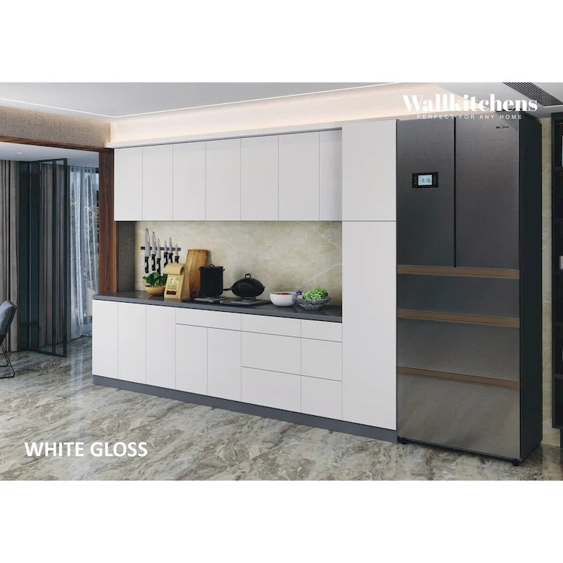 Juego de cocina moderno blanco brillante – Muebles bajos, 3.35 m de ancho (132" x 24"), cocina para 1 persona