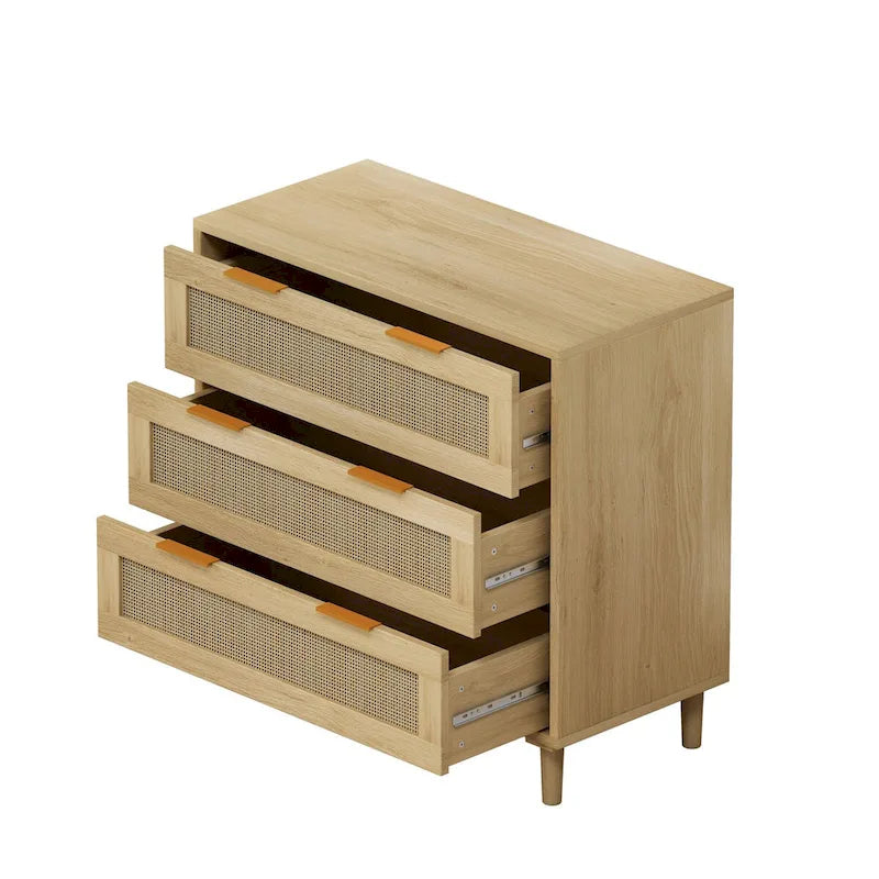 Gabinete de almacenamiento de ratán de 3 cajones de roble natural – Individual
