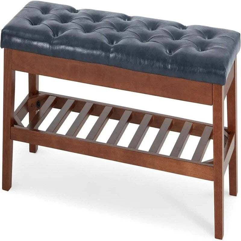 Banco tapizado para recibidor – Asiento de lino, patas de madera | Negro / Azul Tinta / Crema / Marrón Cognac / Marfil / Gris Ceniza / Verde Esmeralda | Capacidad para 1–2 personas