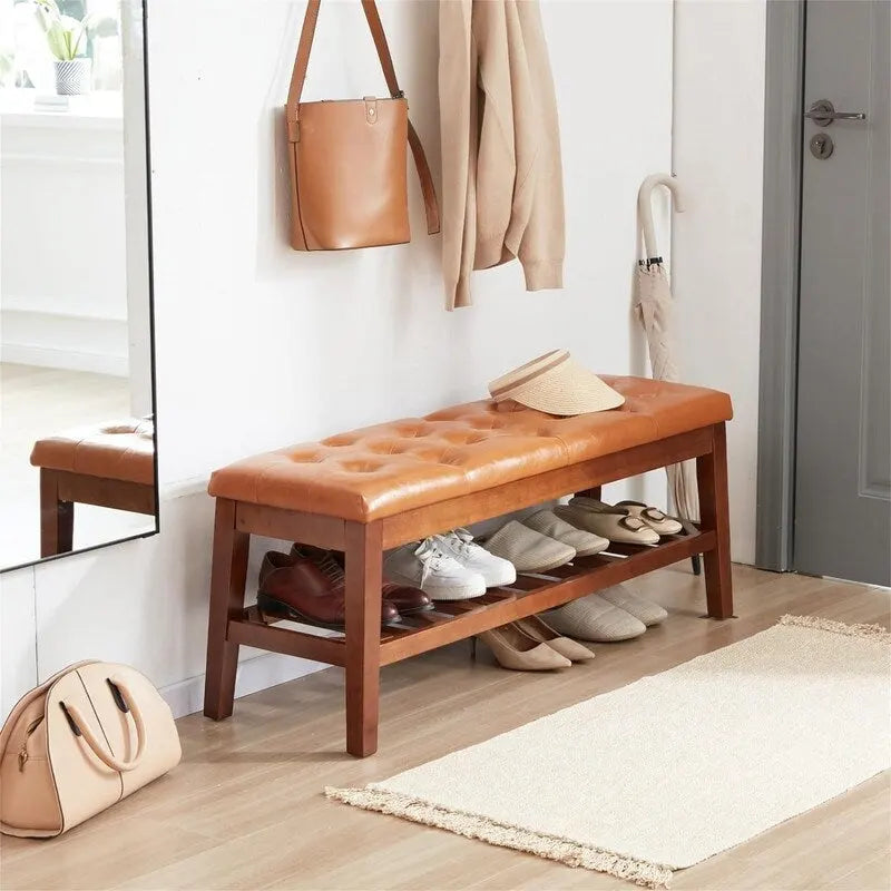 Banco tapizado para recibidor – Asiento de lino, patas de madera | Negro / Azul Tinta / Crema / Marrón Cognac / Marfil / Gris Ceniza / Verde Esmeralda | Capacidad para 1–2 personas