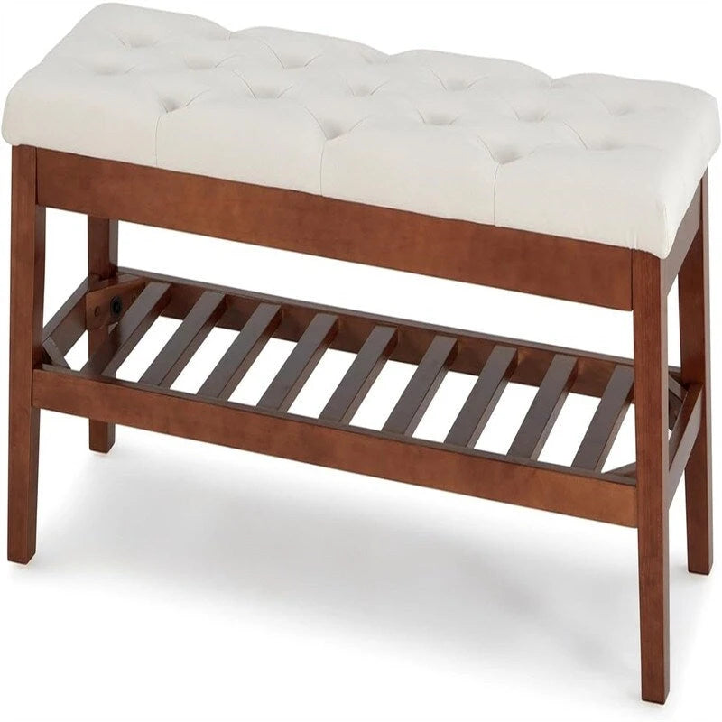 Banco tapizado para recibidor – Asiento de lino, patas de madera | Negro / Azul Tinta / Crema / Marrón Cognac / Marfil / Gris Ceniza / Verde Esmeralda | Capacidad para 1–2 personas