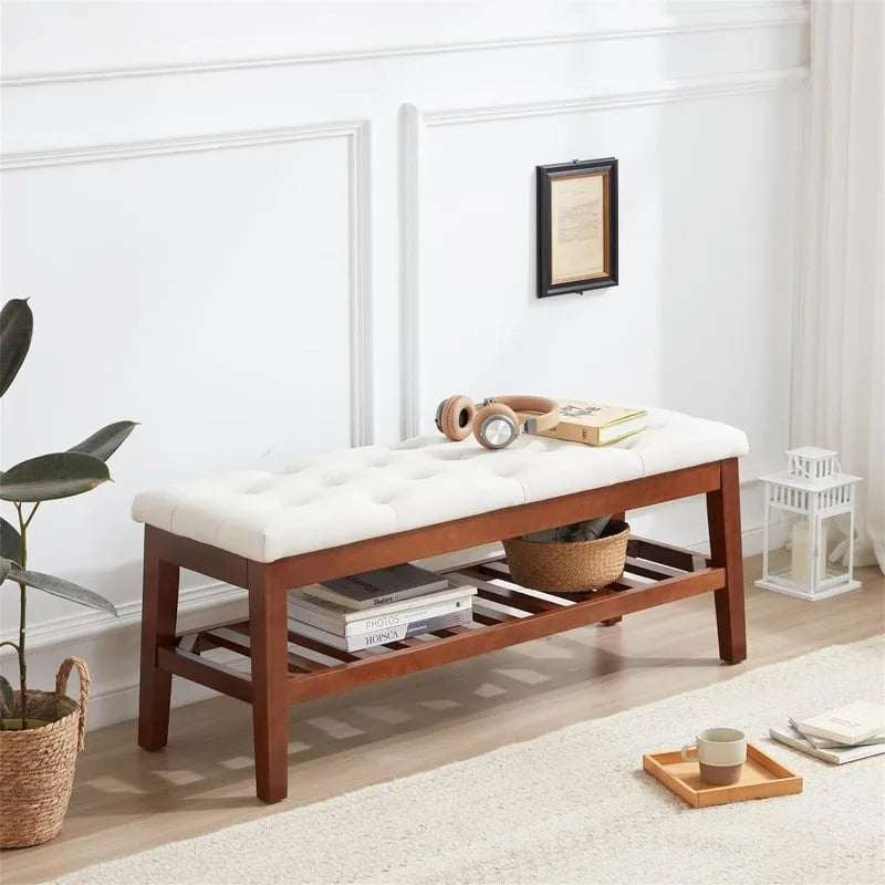 Banco tapizado para recibidor – Asiento de lino, patas de madera | Negro / Azul Tinta / Crema / Marrón Cognac / Marfil / Gris Ceniza / Verde Esmeralda | Capacidad para 1–2 personas