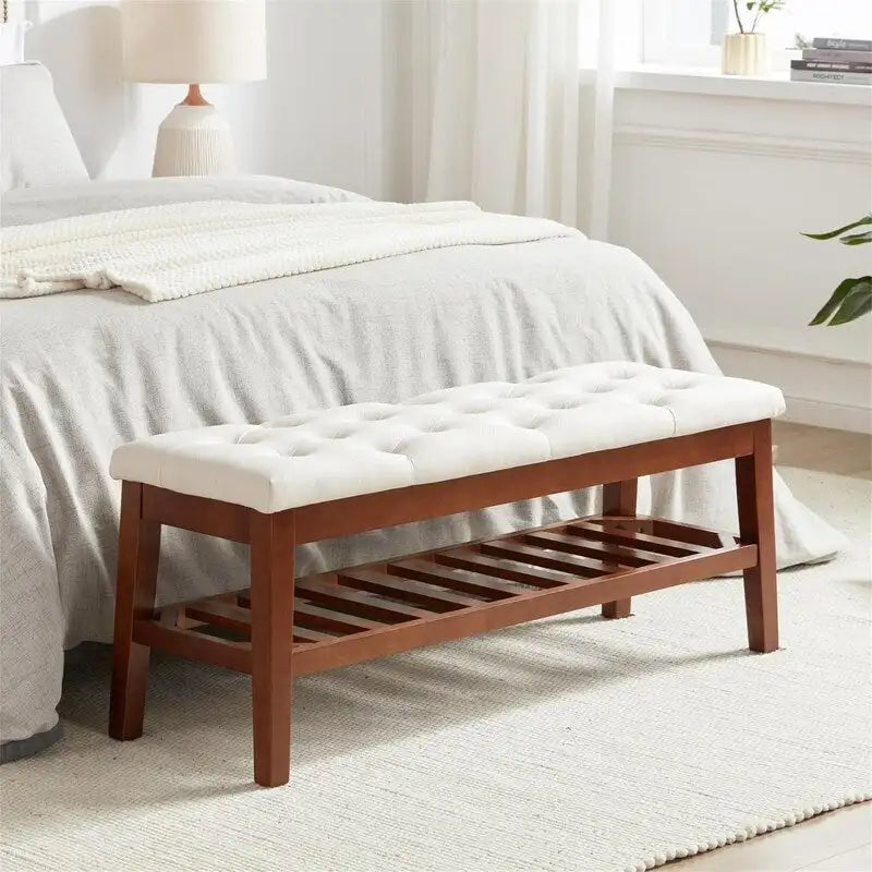Banco tapizado para recibidor – Asiento de lino, patas de madera | Negro / Azul Tinta / Crema / Marrón Cognac / Marfil / Gris Ceniza / Verde Esmeralda | Capacidad para 1–2 personas