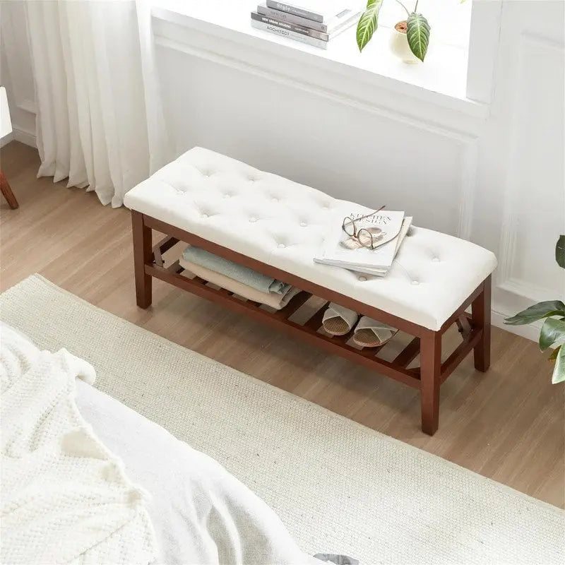 Banco tapizado para recibidor – Asiento de lino, patas de madera | Negro / Azul Tinta / Crema / Marrón Cognac / Marfil / Gris Ceniza / Verde Esmeralda | Capacidad para 1–2 personas