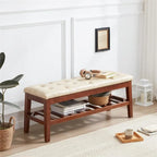 Banco tapizado para recibidor – Asiento de lino, patas de madera | Negro / Azul Tinta / Crema / Marrón Cognac / Marfil / Gris Ceniza / Verde Esmeralda | Capacidad para 1–2 personas
