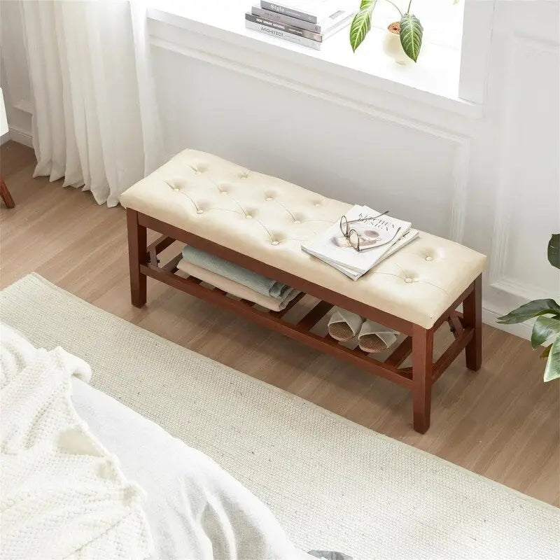 Banco tapizado para recibidor – Asiento de lino, patas de madera | Negro / Azul Tinta / Crema / Marrón Cognac / Marfil / Gris Ceniza / Verde Esmeralda | Capacidad para 1–2 personas