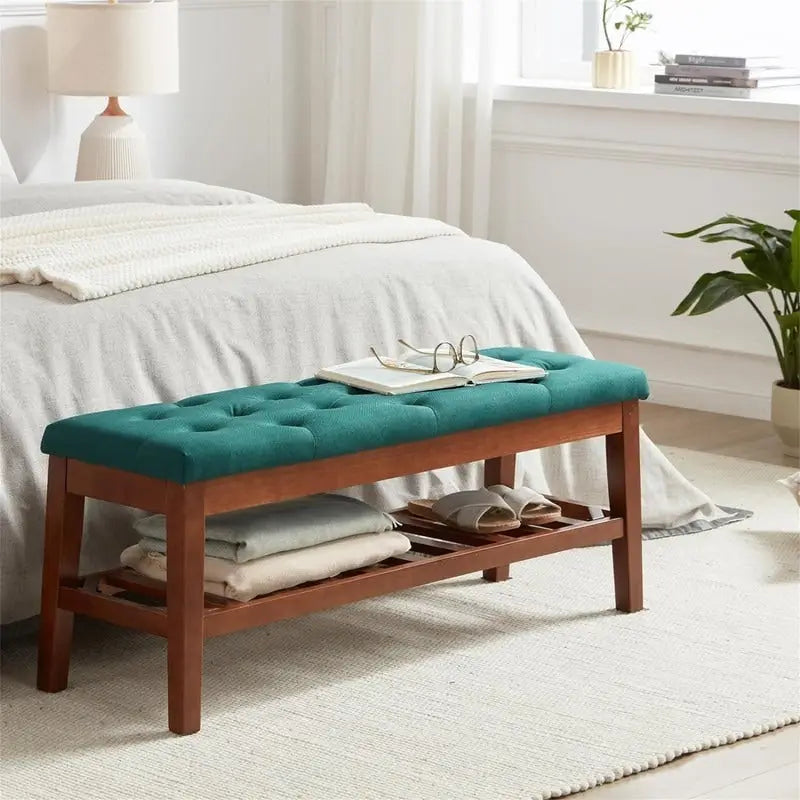 Banco tapizado para recibidor – Asiento de lino, patas de madera | Negro / Azul Tinta / Crema / Marrón Cognac / Marfil / Gris Ceniza / Verde Esmeralda | Capacidad para 1–2 personas
