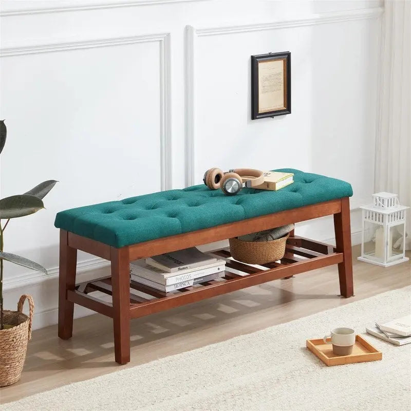 Banco tapizado para recibidor – Asiento de lino, patas de madera | Negro / Azul Tinta / Crema / Marrón Cognac / Marfil / Gris Ceniza / Verde Esmeralda | Capacidad para 1–2 personas
