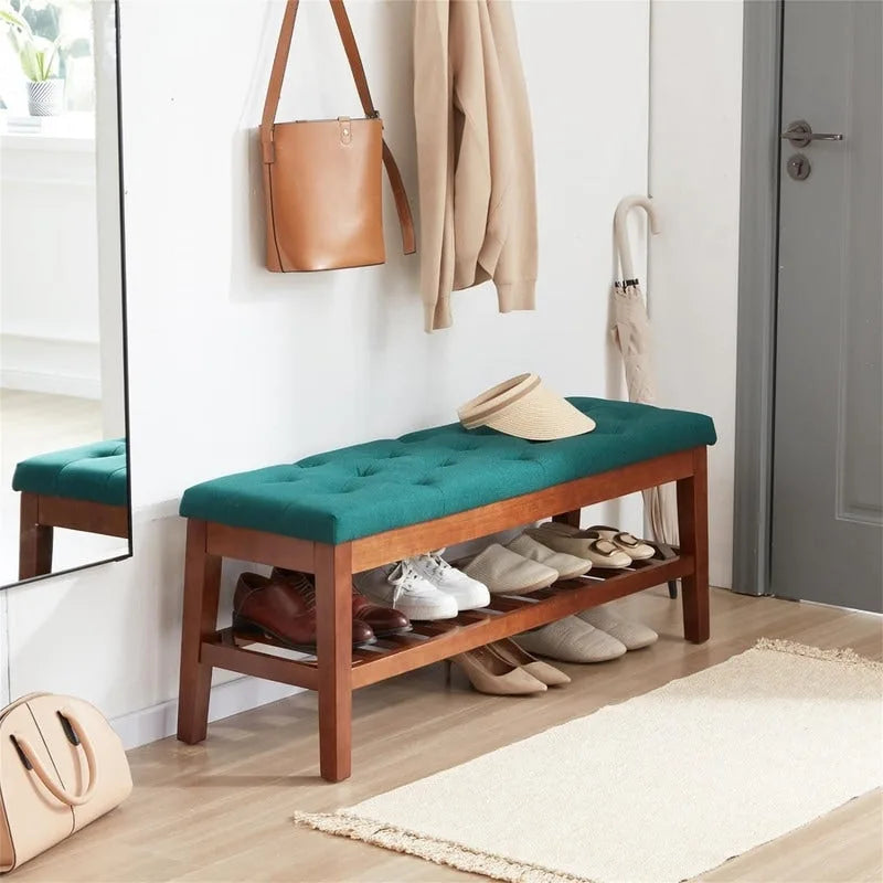 Banco tapizado para recibidor – Asiento de lino, patas de madera | Negro / Azul Tinta / Crema / Marrón Cognac / Marfil / Gris Ceniza / Verde Esmeralda | Capacidad para 1–2 personas