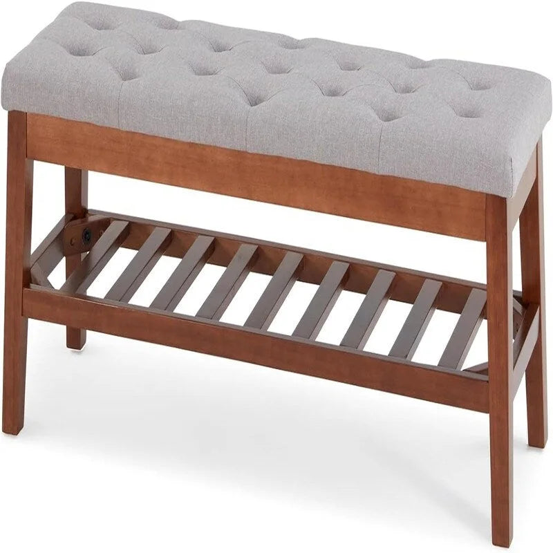 Banco tapizado para recibidor – Asiento de lino, patas de madera | Negro / Azul Tinta / Crema / Marrón Cognac / Marfil / Gris Ceniza / Verde Esmeralda | Capacidad para 1–2 personas