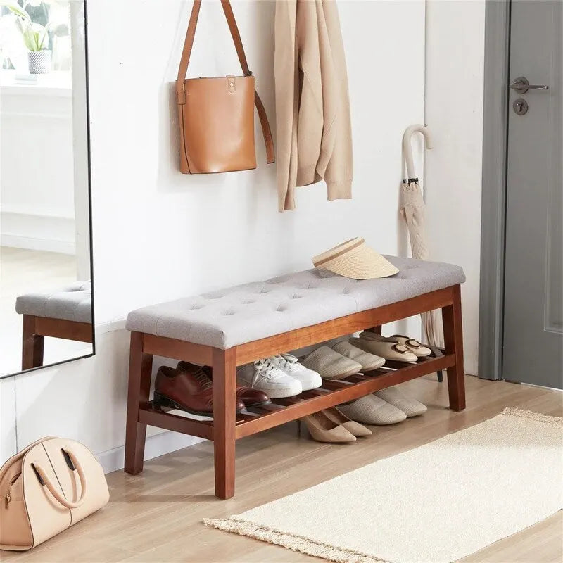Banco tapizado para recibidor – Asiento de lino, patas de madera | Negro / Azul Tinta / Crema / Marrón Cognac / Marfil / Gris Ceniza / Verde Esmeralda | Capacidad para 1–2 personas