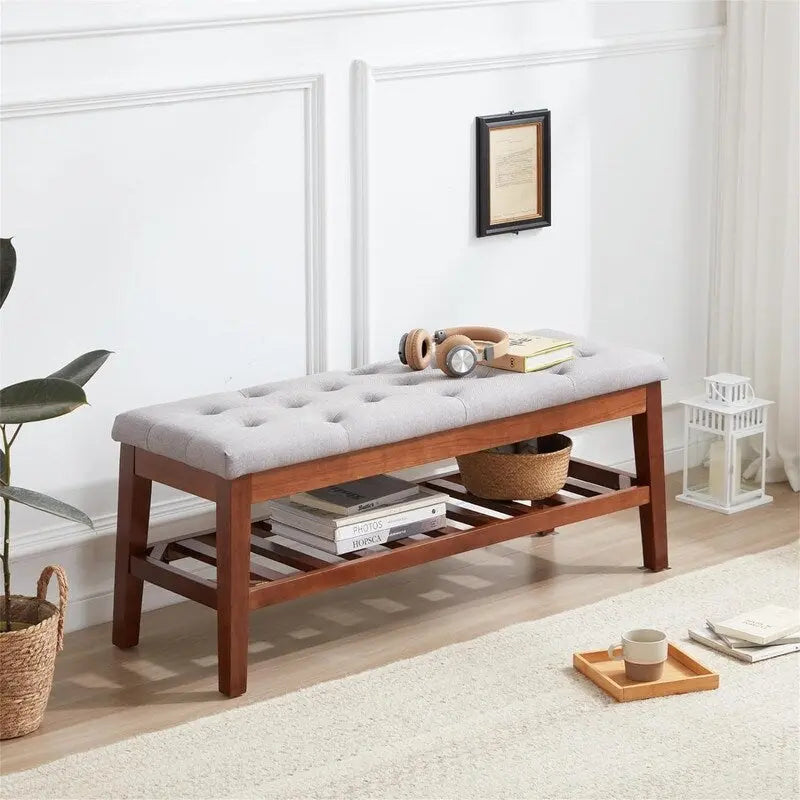 Banco tapizado para recibidor – Asiento de lino, patas de madera | Negro / Azul Tinta / Crema / Marrón Cognac / Marfil / Gris Ceniza / Verde Esmeralda | Capacidad para 1–2 personas