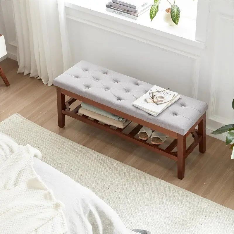 Banco tapizado para recibidor – Asiento de lino, patas de madera | Negro / Azul Tinta / Crema / Marrón Cognac / Marfil / Gris Ceniza / Verde Esmeralda | Capacidad para 1–2 personas