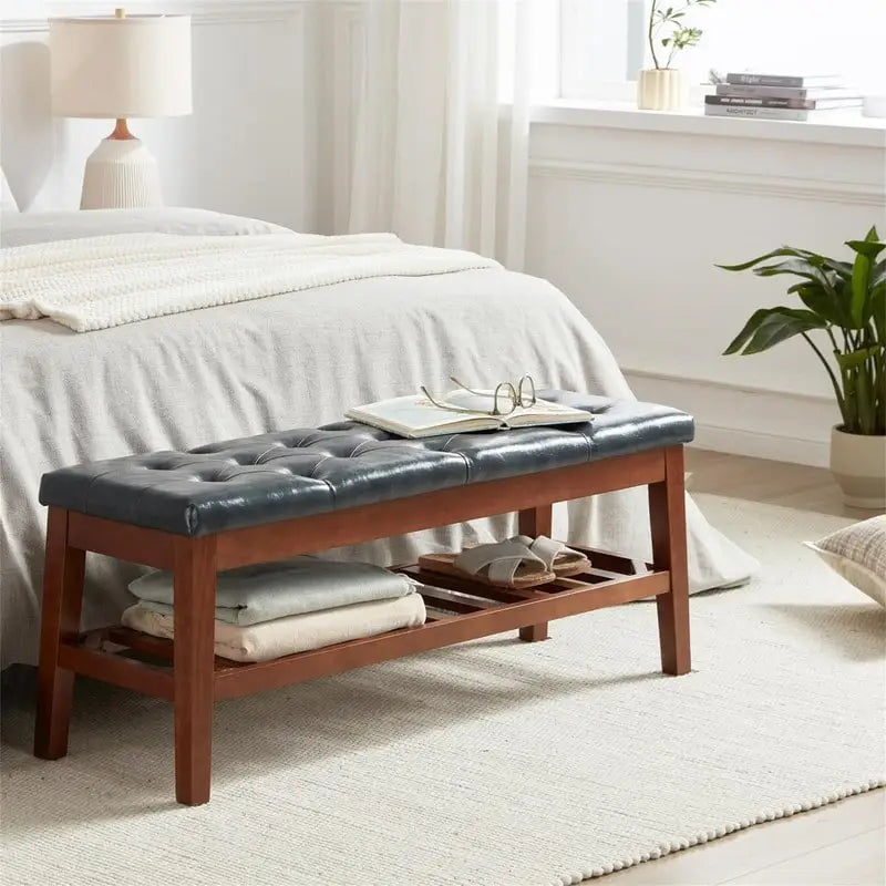 Banco tapizado para recibidor – Asiento de lino, patas de madera | Negro / Azul Tinta / Crema / Marrón Cognac / Marfil / Gris Ceniza / Verde Esmeralda | Capacidad para 1–2 personas