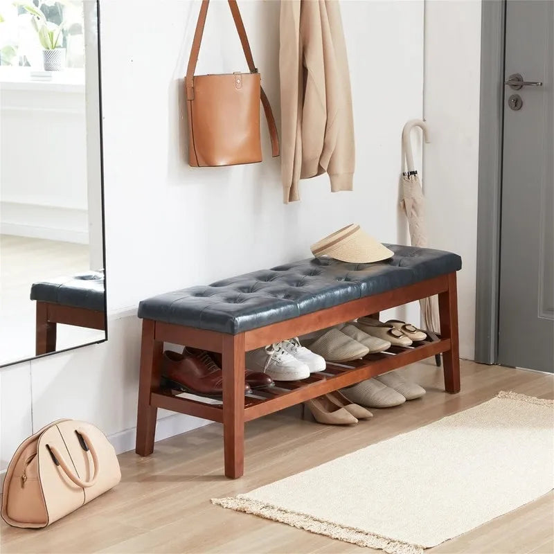 Banco tapizado para recibidor – Asiento de lino, patas de madera | Negro / Azul Tinta / Crema / Marrón Cognac / Marfil / Gris Ceniza / Verde Esmeralda | Capacidad para 1–2 personas