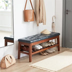Banco tapizado para recibidor – Asiento de lino, patas de madera | Negro / Azul Tinta / Crema / Marrón Cognac / Marfil / Gris Ceniza / Verde Esmeralda | Capacidad para 1–2 personas