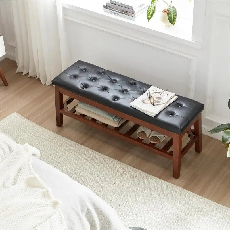 Banco tapizado para recibidor – Asiento de lino, patas de madera | Negro / Azul Tinta / Crema / Marrón Cognac / Marfil / Gris Ceniza / Verde Esmeralda | Capacidad para 1–2 personas