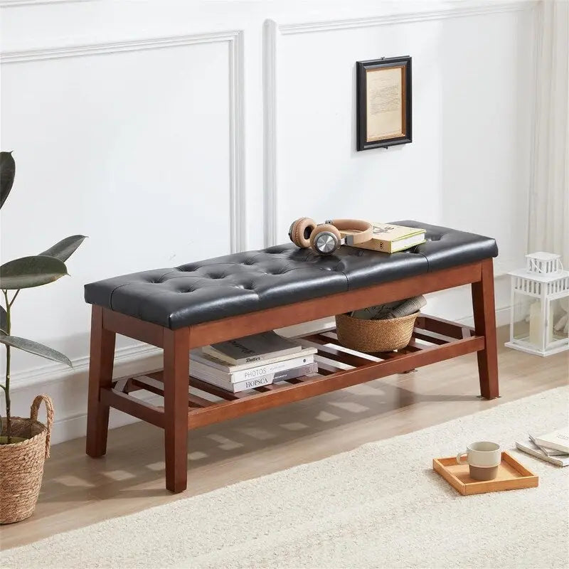 Banco tapizado para recibidor – Asiento de lino, patas de madera | Negro / Azul Tinta / Crema / Marrón Cognac / Marfil / Gris Ceniza / Verde Esmeralda | Capacidad para 1–2 personas