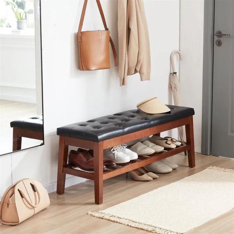 Banco tapizado para recibidor – Asiento de lino, patas de madera | Negro / Azul Tinta / Crema / Marrón Cognac / Marfil / Gris Ceniza / Verde Esmeralda | Capacidad para 1–2 personas