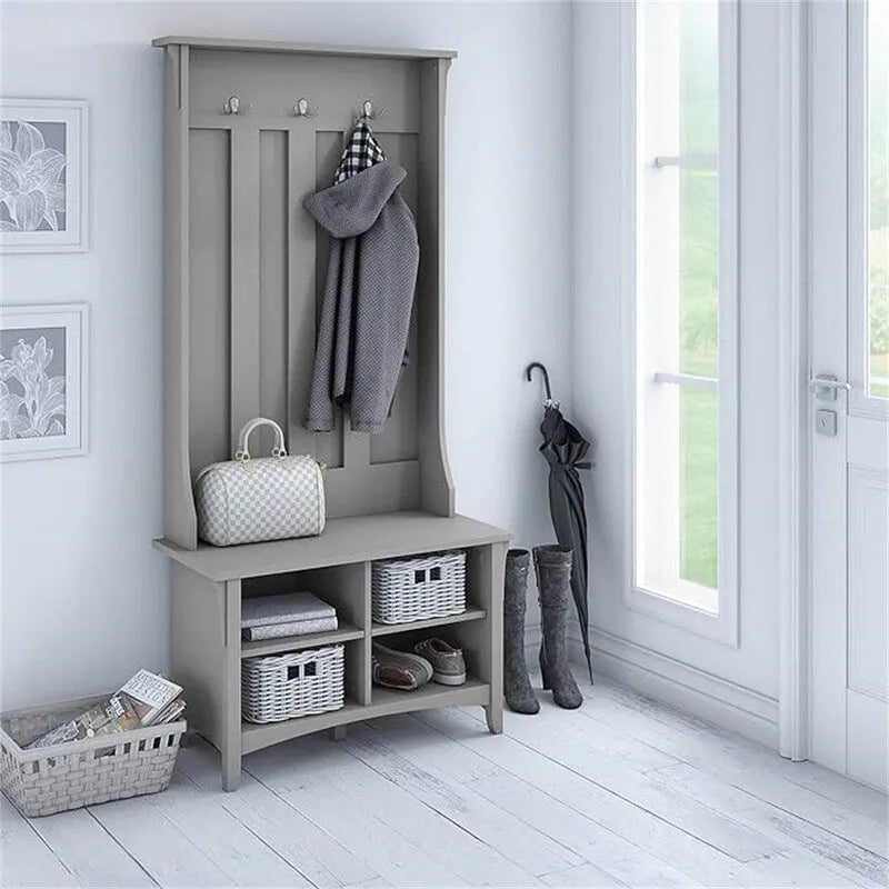 Perchero estilo misión con banco para zapatos de Cape Cod Gray / Antique White / Vintage Black – Entrada para 4 personas