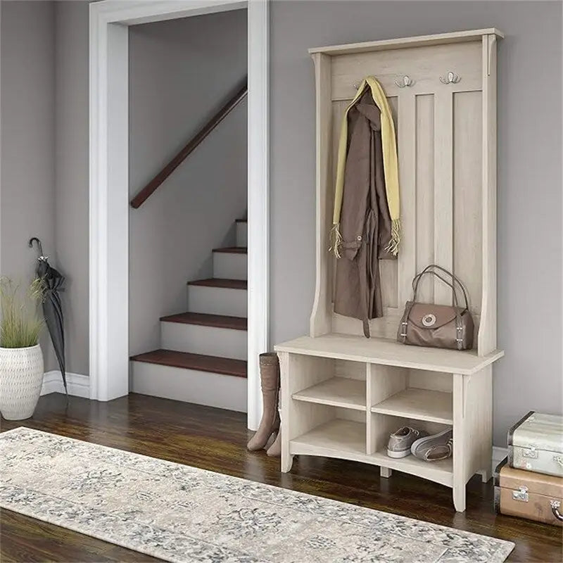 Perchero estilo misión con banco para zapatos de Cape Cod Gray / Antique White / Vintage Black – Entrada para 4 personas