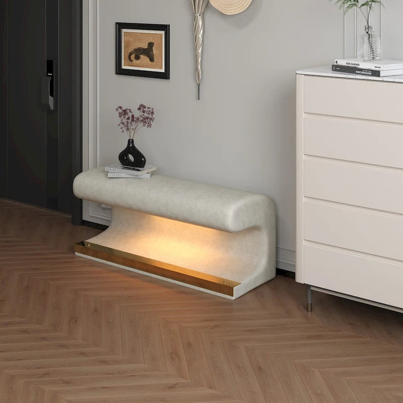 Banco de entrada tapizado en piel beige/gris con luz LED con sensor – Otomana de 1 asiento