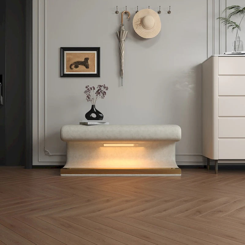 Banco de entrada tapizado en piel beige/gris con luz LED con sensor – Otomana de 1 asiento