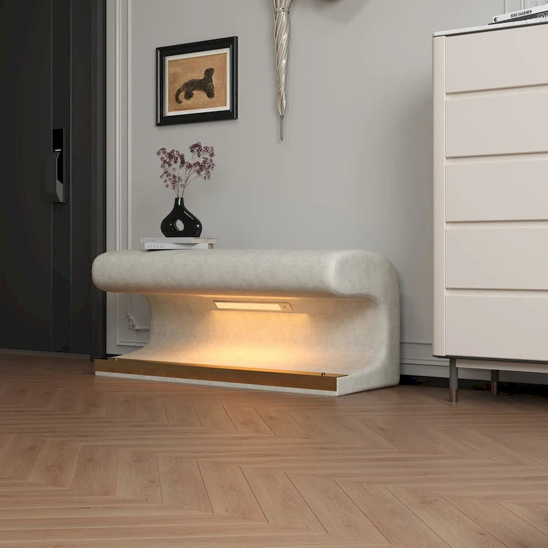 Banco de entrada tapizado en piel beige/gris con luz LED con sensor – Otomana de 1 asiento