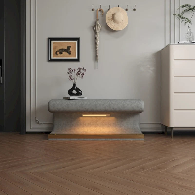 Banco de entrada tapizado en piel beige/gris con luz LED con sensor – Otomana de 1 asiento