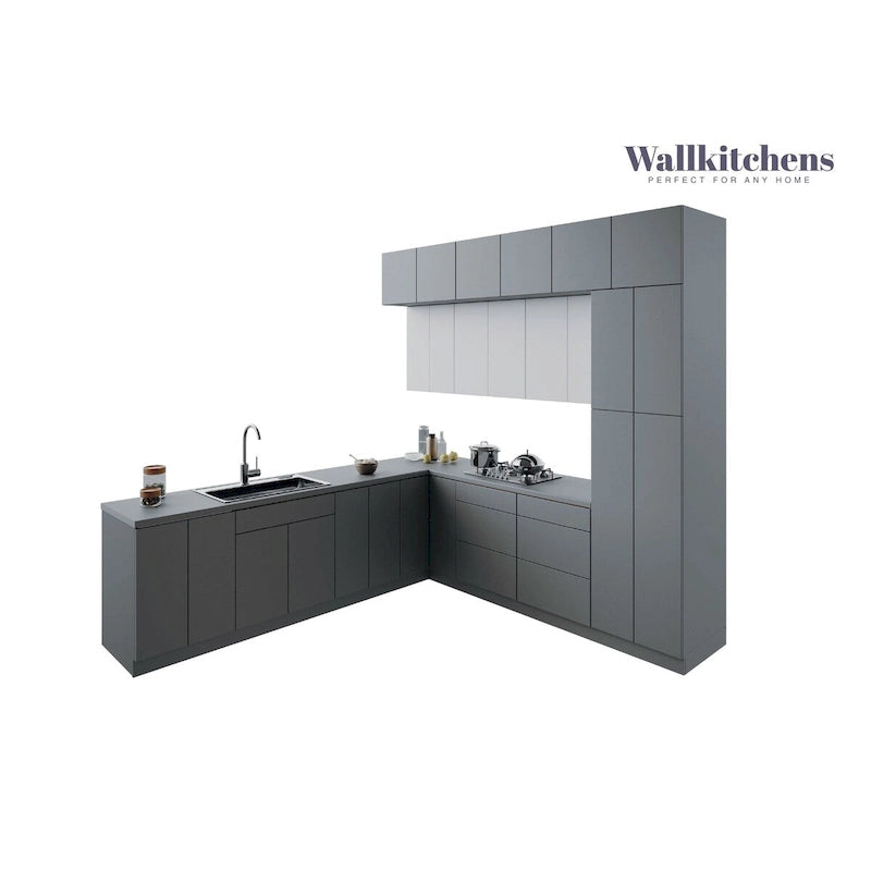 Juego de gabinetes de cocina modernos plata/blanco – 2,75 m de ancho, asientos para 2 a 4