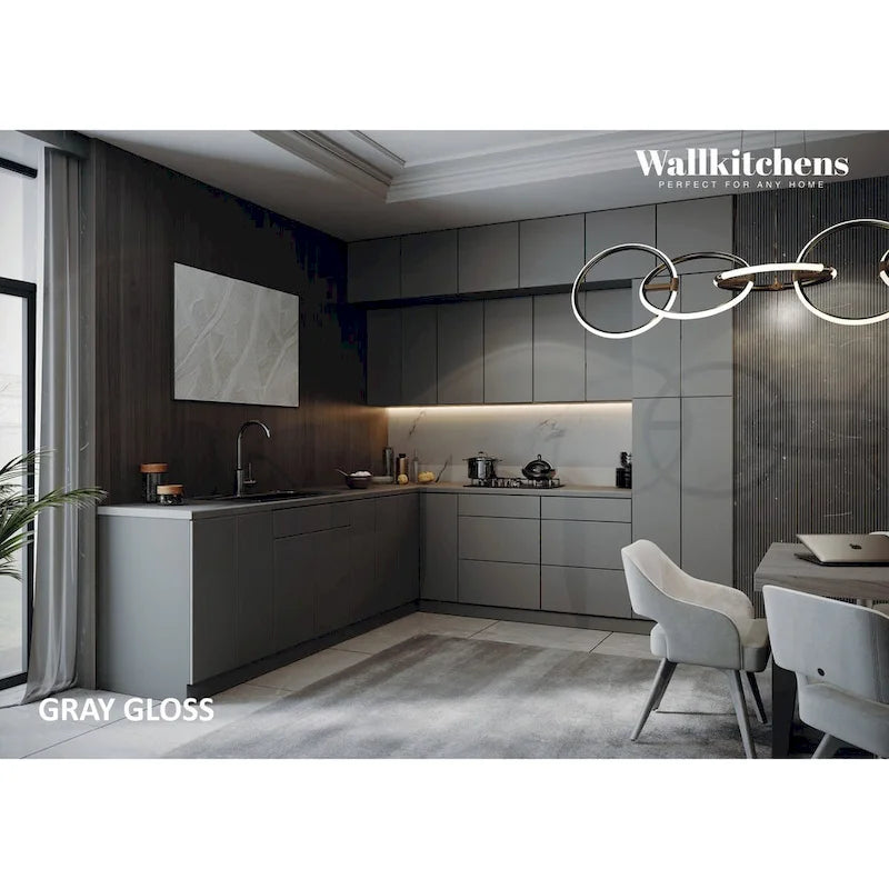 Juego de gabinetes de cocina modernos plata/blanco – 2,75 m de ancho, asientos para 2 a 4