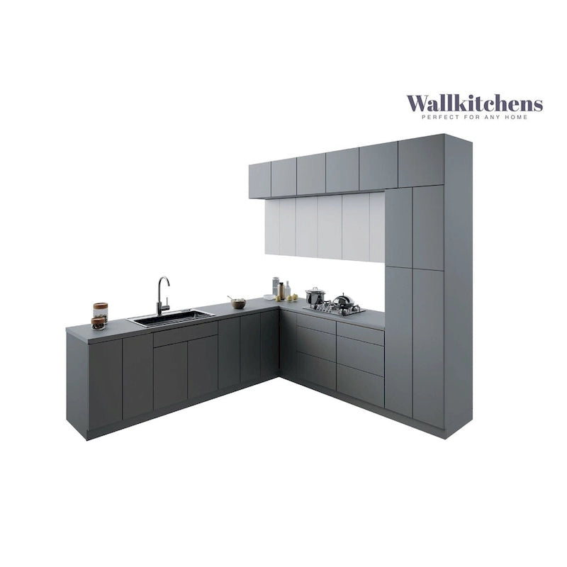 Juego de gabinetes de cocina modernos plata/blanco – 2,75 m de ancho, asientos para 2 a 4