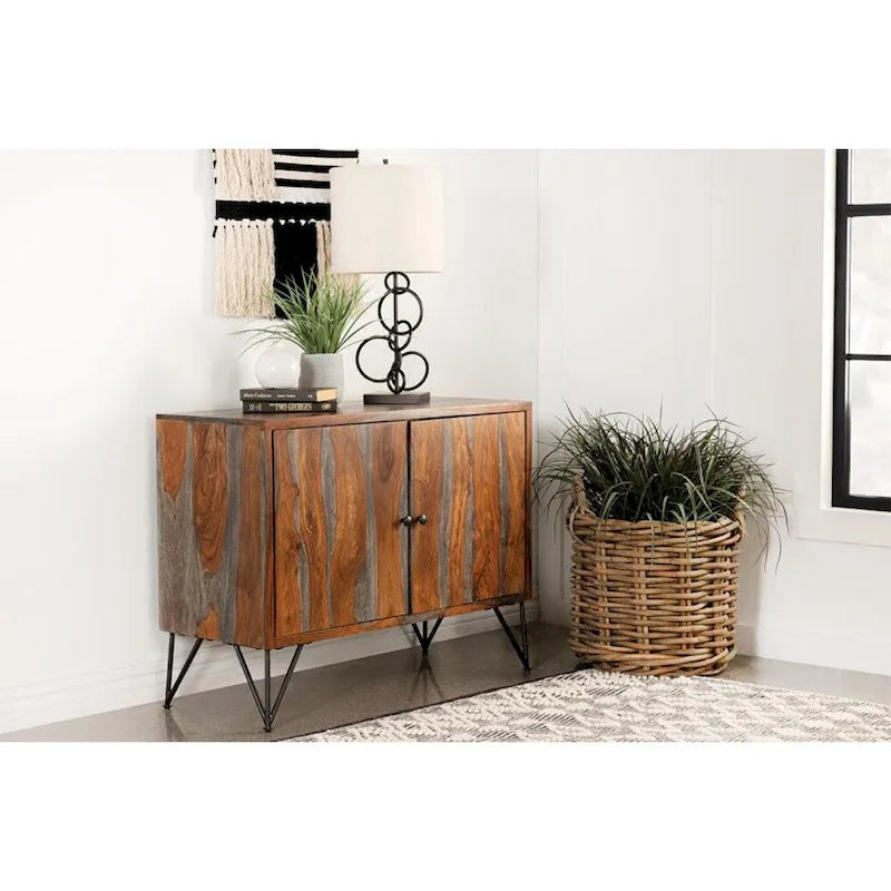 Mueble auxiliar de 2 puertas, gris sheesham y bronce, para 1 persona